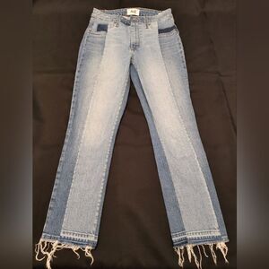 PAIGE Two Tone Straight Leg Jeans with Frayed Hem